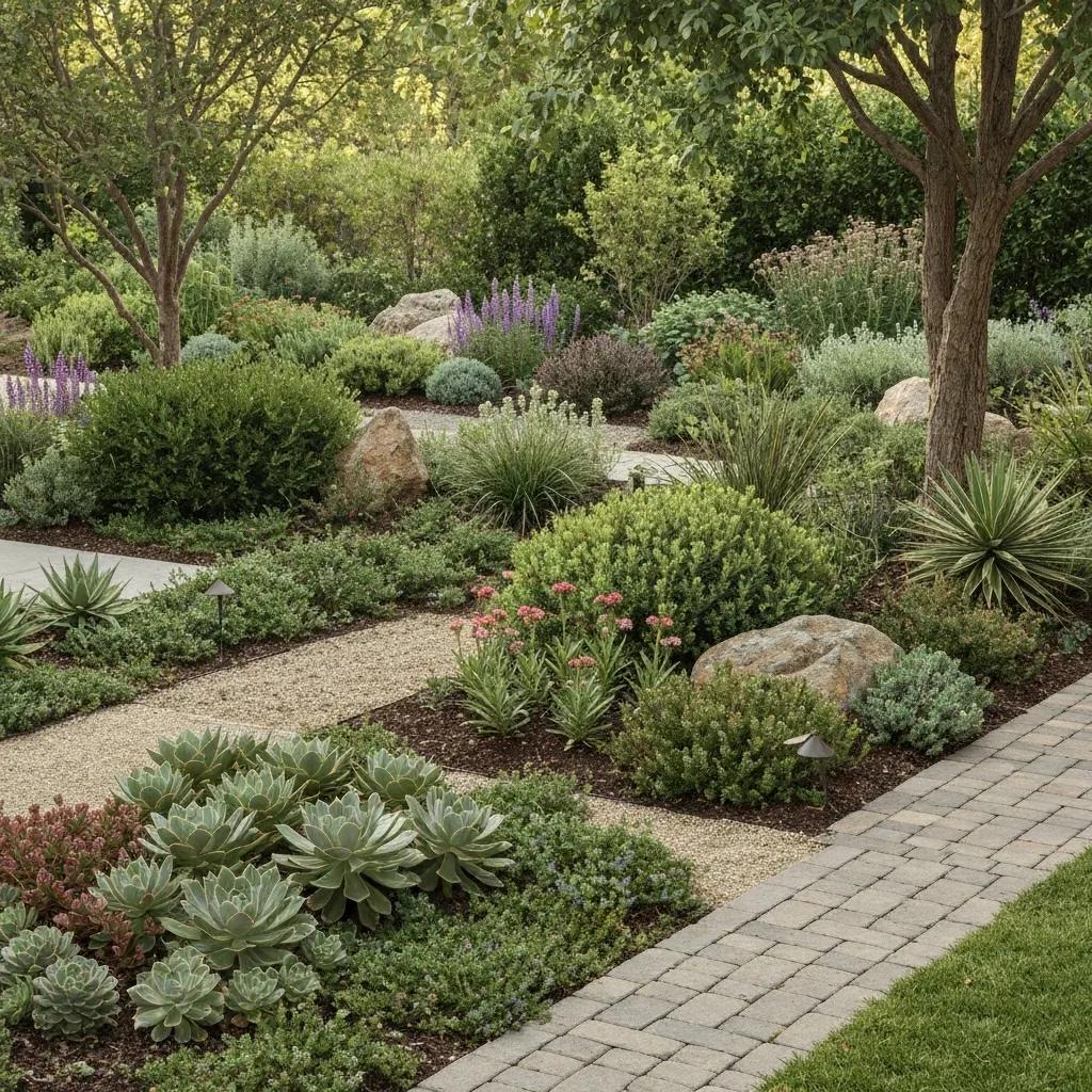Drought-tolerant hardscape solutions featuring permeable pavers and native plants