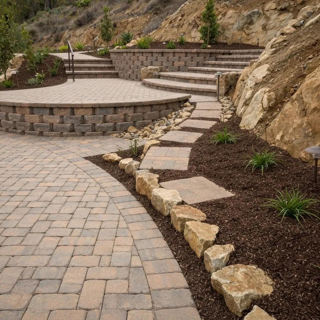 Key hardscape elements in Mt Helix, including beautifully laid paver patios and sturdy retaining walls