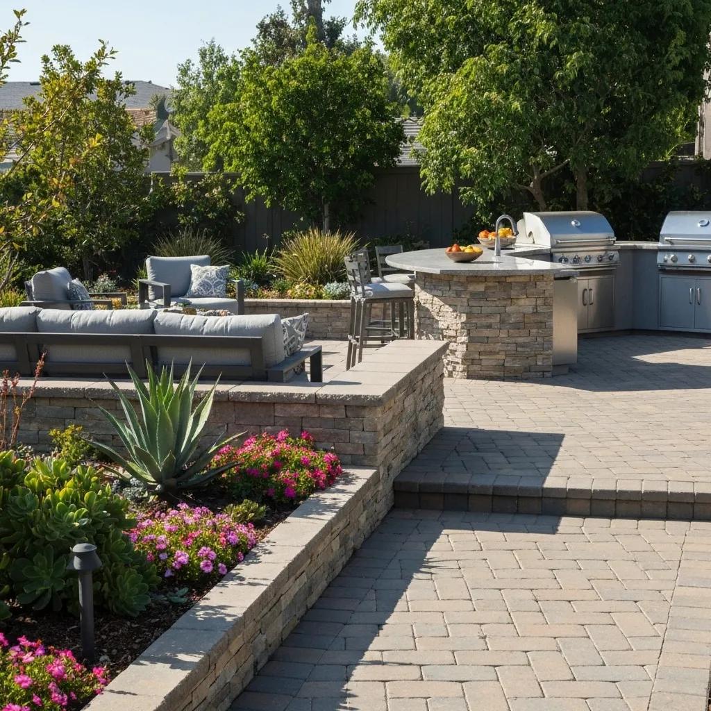 Popular hardscape elements in San Diego, including a paver patio and an outdoor kitchen setup