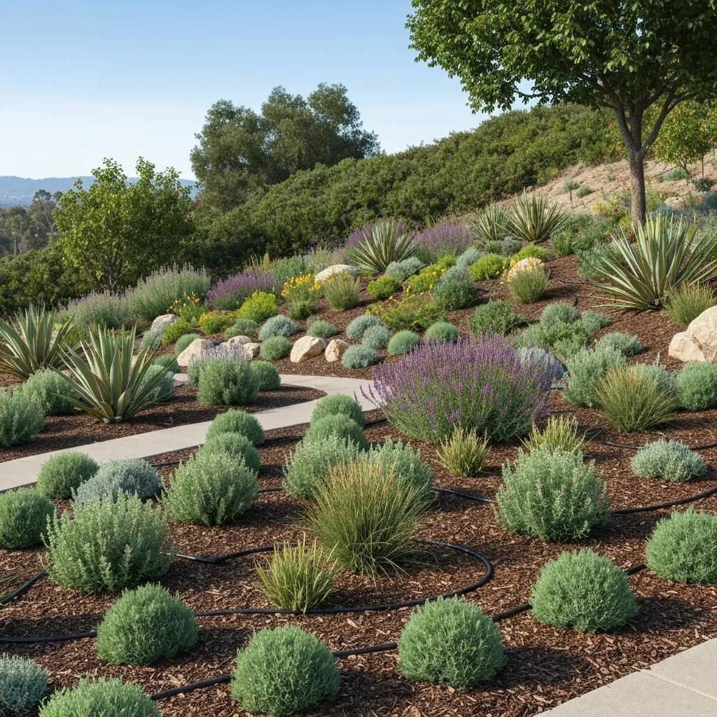 Vibrant xeriscape garden in Mt Helix, showcasing drought-tolerant native plants and water-saving design elements