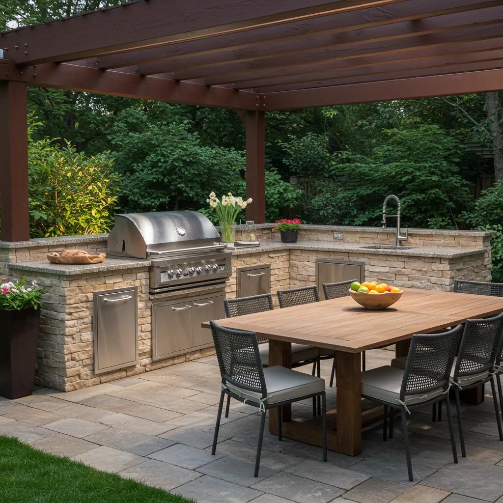Luxurious custom outdoor kitchen featuring a high-end grill, granite countertops, and surrounded by lush landscaping