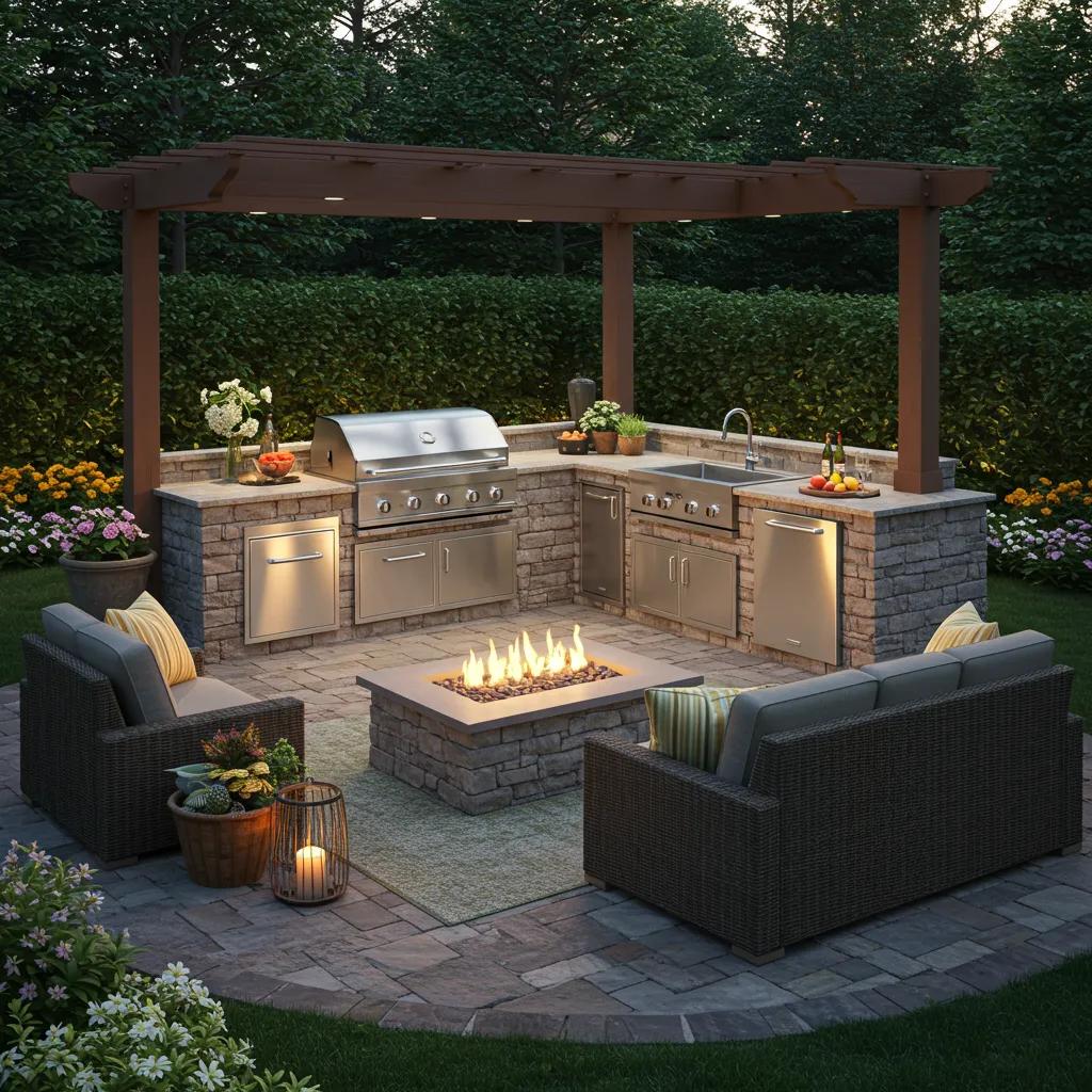 Luxurious outdoor living area featuring a gourmet kitchen, comfortable patio seating, and a captivating fire pit, all surrounded by lush greenery
