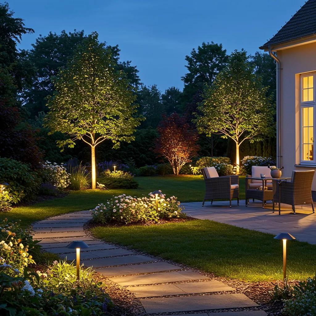 Outdoor lighting illuminating a garden path and seating area, enhancing safety and ambiance at night