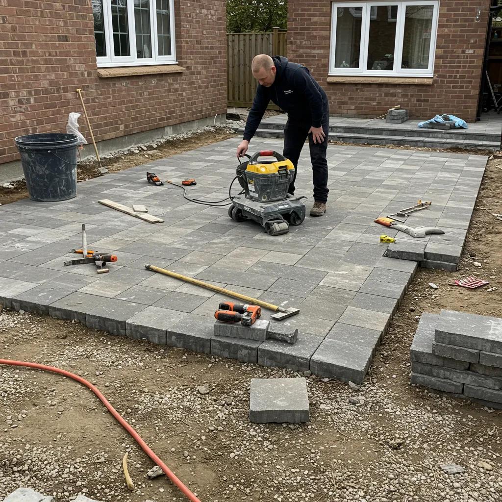 Skilled contractor overseeing patio installation with precision tools and materials