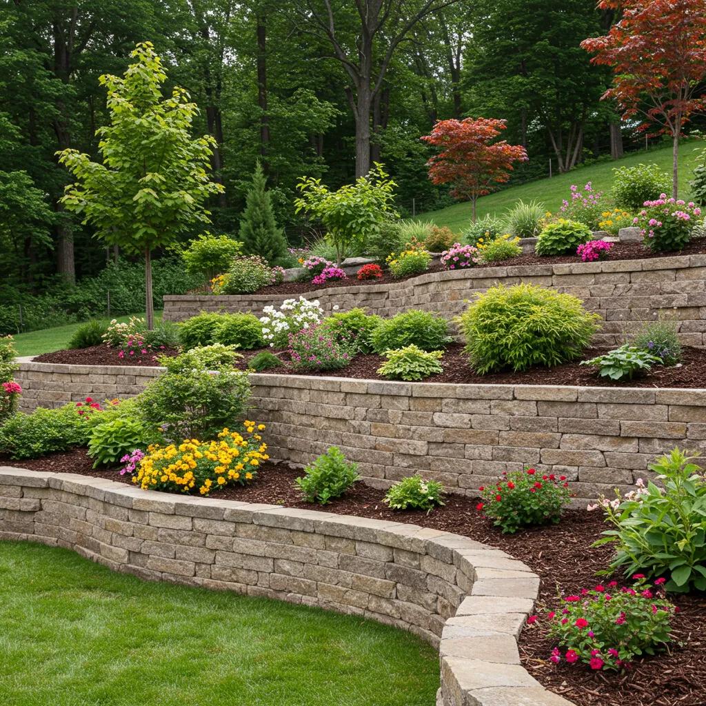 Multi-level stone retaining wall integrated into a hillside garden, demonstrating effective erosion control and visual appeal