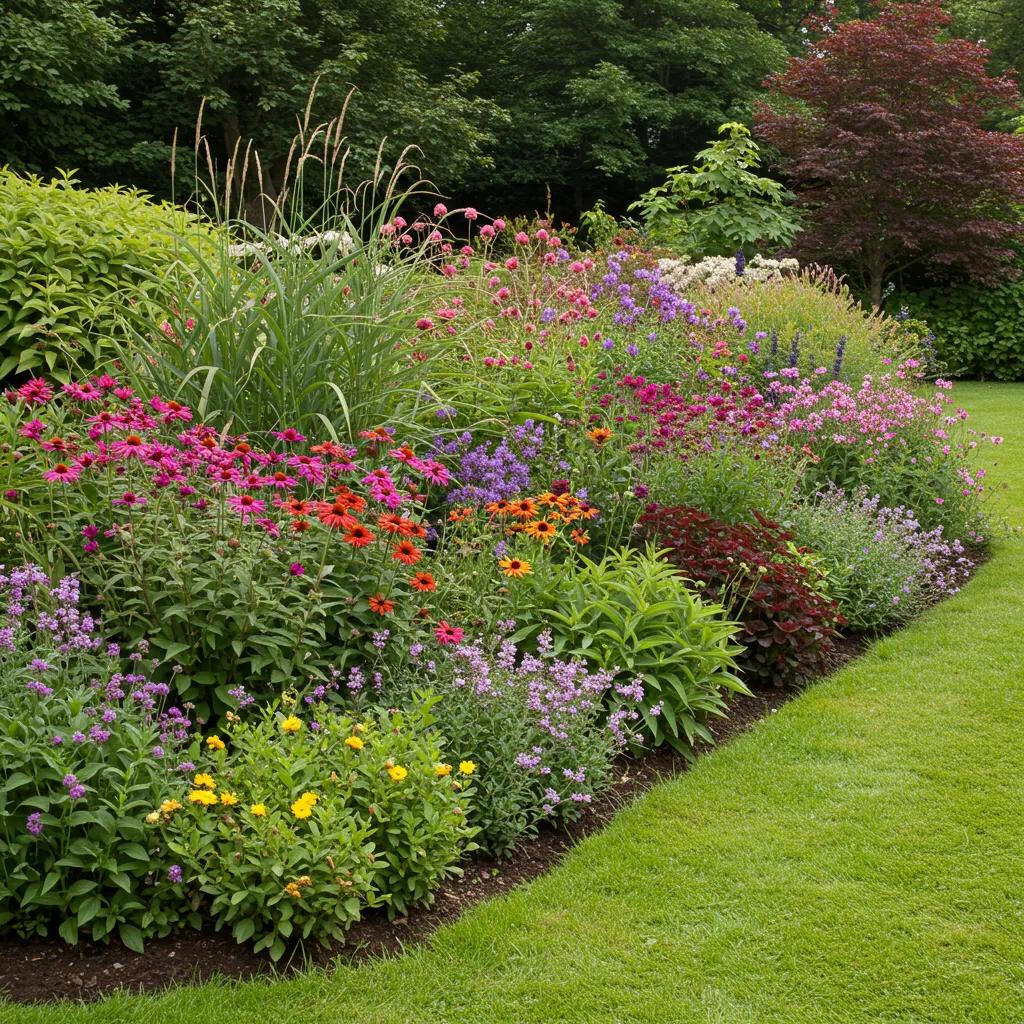 Vibrant flower bed with a mix of perennials and annuals arranged for visual interest and beauty