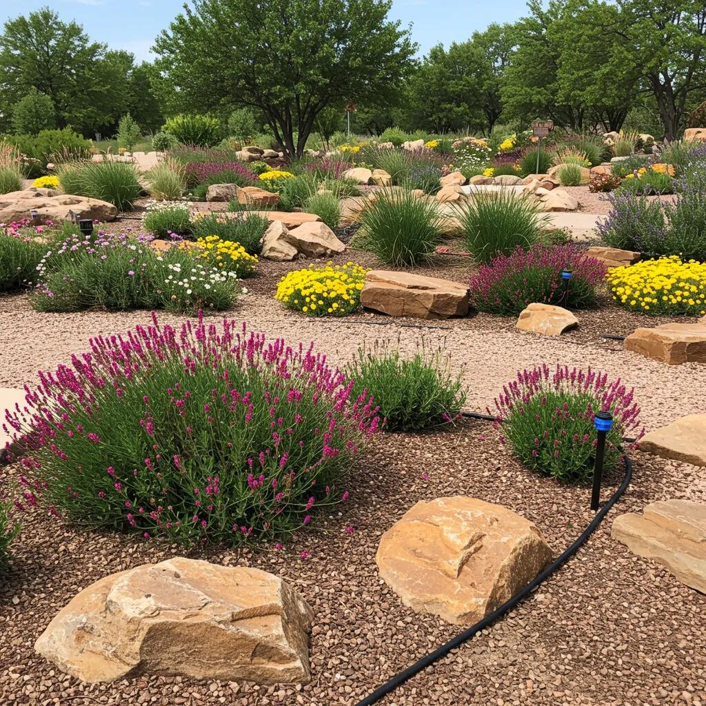 Beautifully xeriscaped garden featuring native plants and efficient irrigation, demonstrating sustainability and aesthetic appeal